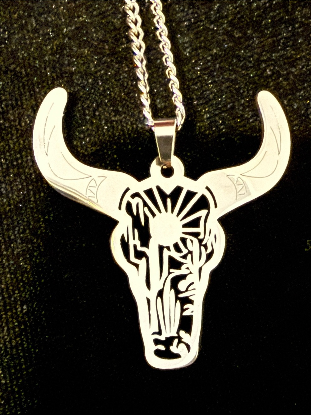 Silver Bull Skull Pendant Necklace